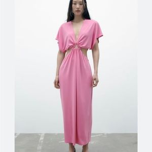 Zara V-neck midi dress cut-out details on the sides and front with pleats.